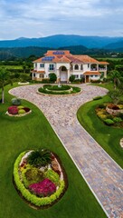Aerial drone view of a luxury mansion with a circular stone driveway, manicured gardens, and a scenic mountain range