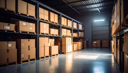 Sunlit warehouse aisle with stacked cardboard boxes on metal shelving
