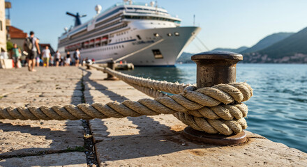 Close-up of weathered mooring rope on bollard with blurred cruise ship and harbor background.
