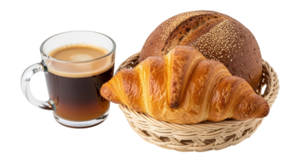 Isolated Coffee, Bread and Croissant in Basket