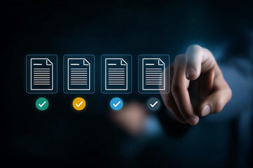 Digital checklist and approval workflow showing business document validation and task tracking system for decision making, process optimization, and quality verification with high efficiency