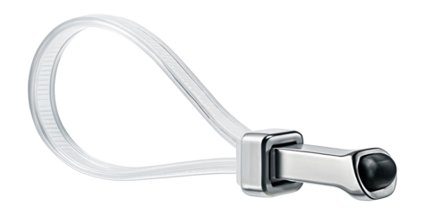 Clear plastic cable tie with a releasable latch for temporary fastening in exhibition setups.