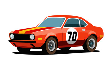 Flat vector art of 1970s vintage racing car with colorful decals, classic motorsport design, retro speed and style illustration