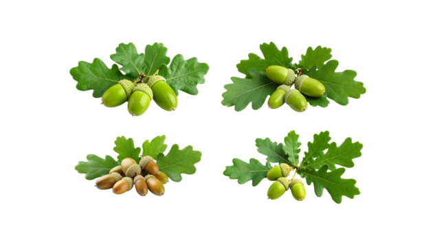 Fresh oak leaves and green acorns on a white background