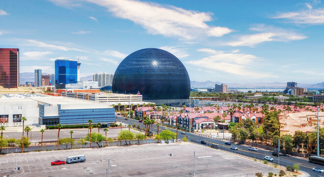 MSG Sphere in Las Vegas. The Sphere is a cutting-edge entertainment venue composed of 1.2 million lit-up LED lights for a unique visual experience.