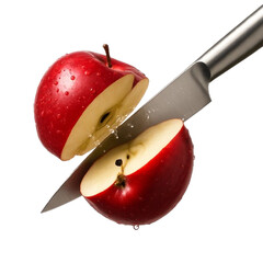 Knife Slicing Through Fresh Red Apple with Water Droplets in Crisp Close-Up Food Photography