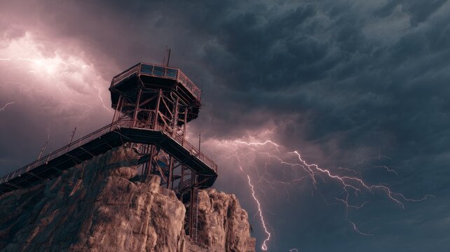 Satellite-controlled railgun tower stands tall on cliffside during a lightning storm