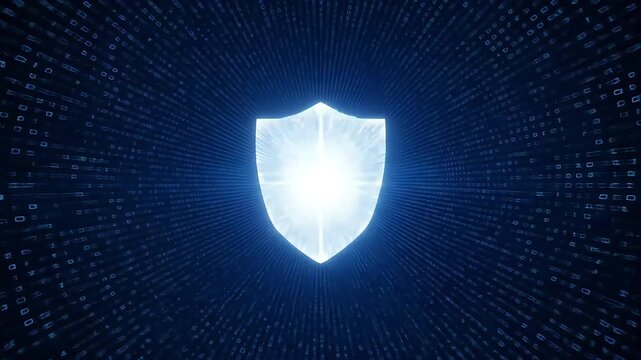 Digital shield surrounded by binary code