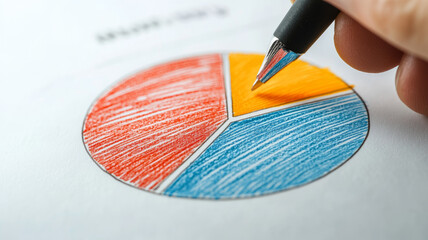 Hand coloring a pie chart with three colorful sections.