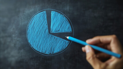 Hand drawing a blue pie chart on a blackboard with chalk.