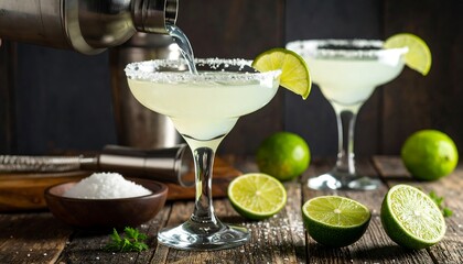 Two classic cocktails being poured, garnished with lime wedges and salt