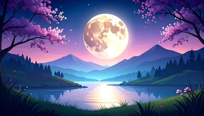 Fototapeta premium Peaceful mountain lake at night with full moon and cherry blossoms