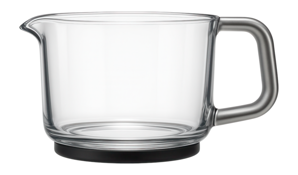 Short, wide glass measuring cup with a handle and spout for culinary use.