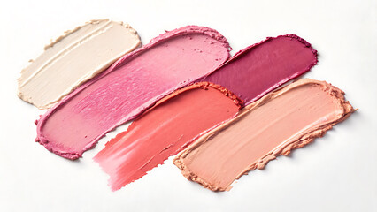 A vibrant collection of makeup swatches showcasing a range of pink and peachy tones