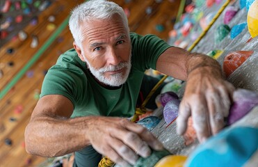 Elderly man in a green shirt and black pants, climbing a wall with rocks at an indoor rock climbing range, with a smiling expression of joy while engaging in the sport on a wooden floor