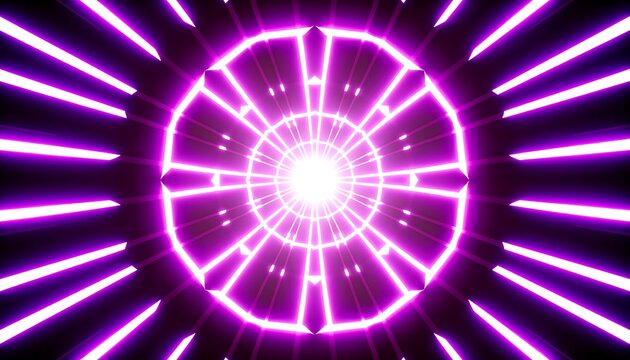 Abstract neon purple and white circular tunnel with radiating lines