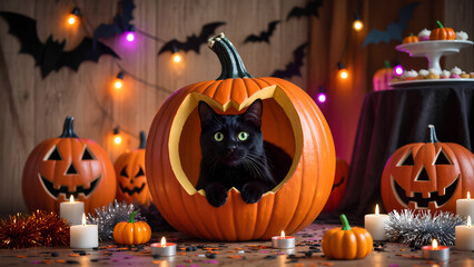 A black cat inside a giant pumpkin, perfect for a Halloween party.