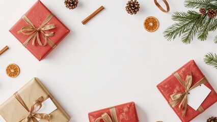 Christmas gifts and natural decorations framing white copy space