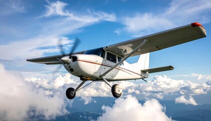 Light aircraft soaring above clouds
