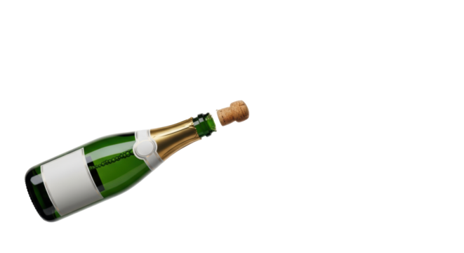 Unbranded green champagne bottle with golden foil & white label, natural cork popping mid-air, golden liquid erupting in effervescent spray against transparent studio background, concept for