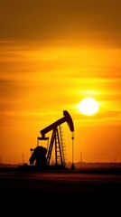 Silhouette of Oil Pump Jack Against Vibrant Sunset Sky with Warm Tones and Dramatic Clouds