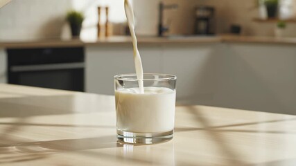 A glass of milk being poured in a well-lit modern kitchen with natural sunlight and shadows - Powered by Adobe