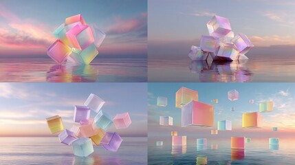 Four pastel-hued cube clusters, in various states of aggregation, float on serene, reflective water under a pastel sky