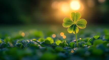 A fresh four leaf clover stands tall among foliage, kissed by morning dew under the warm sunrise