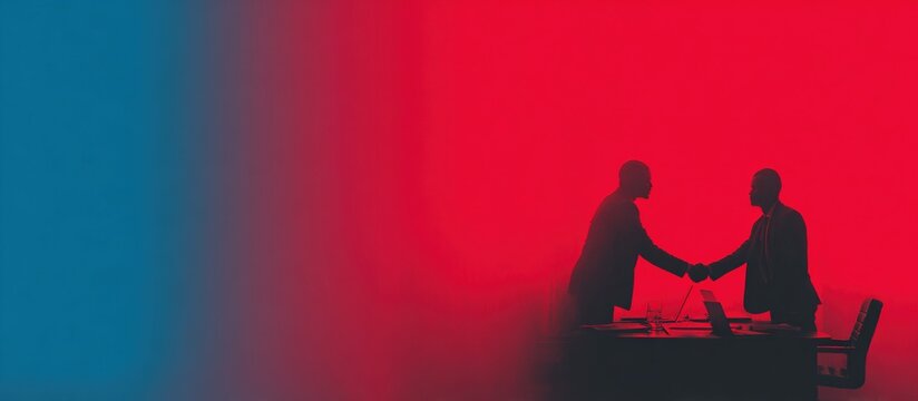 Abstract collaboration scene: red-blue gradient with handshake silhouettes over empty table, deep to pastel transition creating depth, color contrast symbolizing business trust and growth