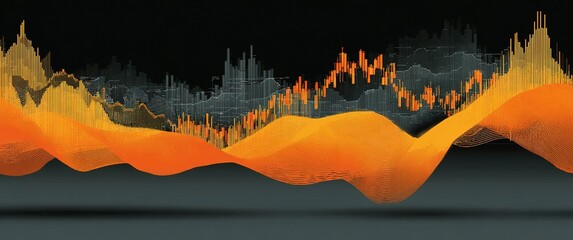 Orange-black gradient sound wave with textured audio patterns, chord-like undulating lines from dark to light tones, abstract background for video editing and data visualization