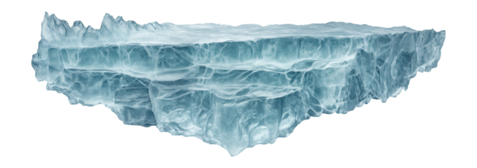 Irregularly shaped ice shelf fragment with jagged edges and translucent ice layers