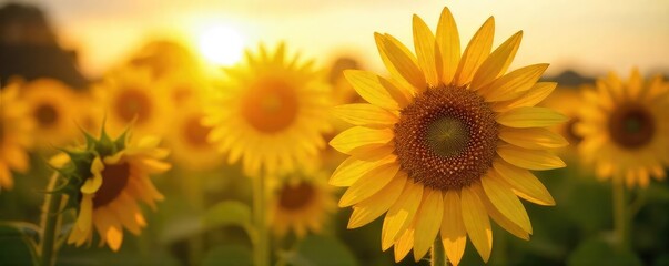 Golden hour sunlight bathes a field of ripe sunflowers, heavy with seeds, swaying gently in the warm summer breeze A perfect image for harvest, abundance, and summer joy , flora, sunlit