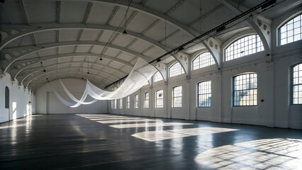 Vast industrial hall illuminated by sunlight through arched windows with fabric sculpture