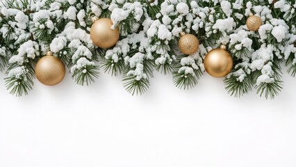 Snowy pine branches with gold Christmas ornaments against a white background