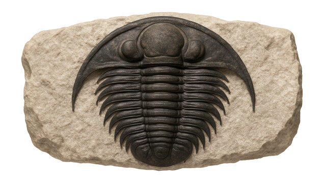 Paradoxides trilobite showing crescent-shaped cephalon and extended thoracic segments
