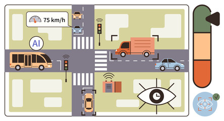 Urban intersection with AI monitoring, traffic lights, autonomous vehicles, and speed control systems. Ideal for transport, urban planning, AI technology, safety systems, innovation automation
