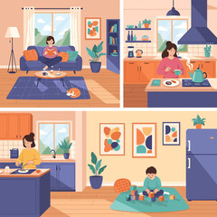 Fototapeta premium Vector illustration set showing scenes of a woman's daily life. A collection of images depicting domestic routine, motherhood, and cozy home lifestyle.