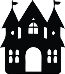 A striking black silhouette of a classic fairytale castle with multiple towers and arched entryway perfect for fantasy themes