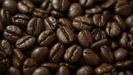 Fototapeta premium Ultrarealistic Macro Close-up of a Pile of Glossy Dark Roasted Coffee Beans with Selective Focus and Bokeh, Creating an Inviting Sensory Experience