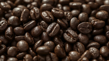 Fototapeta premium Ultrarealistic Macro Close-up of a Pile of Glossy Dark Roasted Coffee Beans with Shallow Depth of Field, Capturing Rich Textures for Cafe and Culinary Concepts