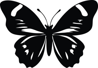 Elegant silhouette of a black butterfly with striking white wing markings against a white background