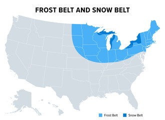 Frost Belt and Snow Belt of the United States, political map. Regions of cold winter climate with heavy frost and snowfall, and especially in the snow belt with heavy snowfall in form of lake-effect.