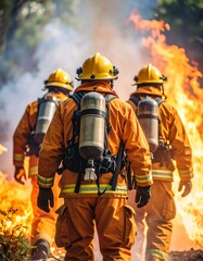 Three firefighters in protective gear walk towards a large wildfire