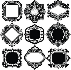 Collection of nine ornate vintage decorative frames and borders with intricate scrollwork and filigree designs for graphic design projects
