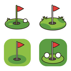 Set of Golf Hole Icons with Flag and Ball on Green Field