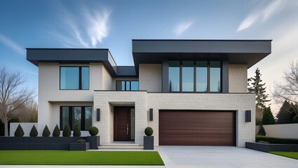 A modern, single-story house featuring a minimalist design and clean lines. The facade is adorned with light and dark panels, and large windows.