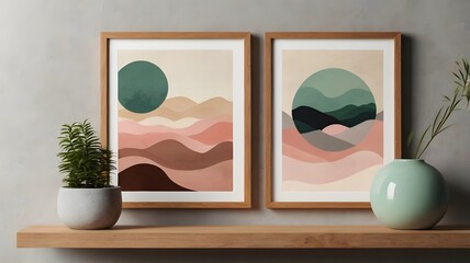 A light wooden shelf is mounted on a white wall, displaying three identical rectangular artworks in thin wooden frames.