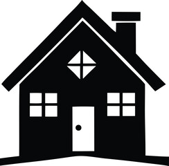 Simple black silhouette of a classic two story house with a chimney and diamond shaped window