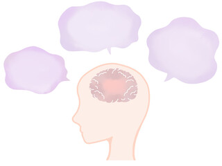 脳疲労や頭痛：疲れた状態の脳とモヤモヤした吹き出し