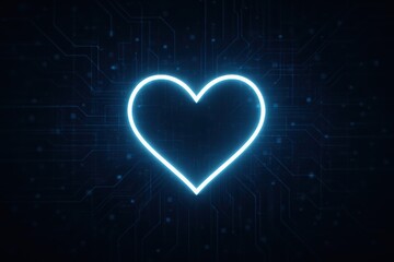 Glowing blue neon heart shape on a dark background with subtle particles